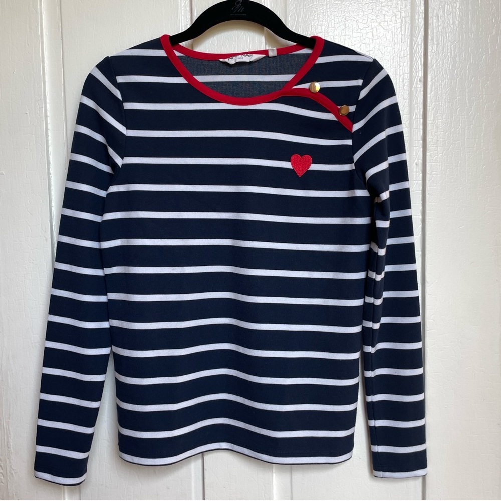 NAF NAF Blue and White Striped Shirt with Red Trim and Heart XS